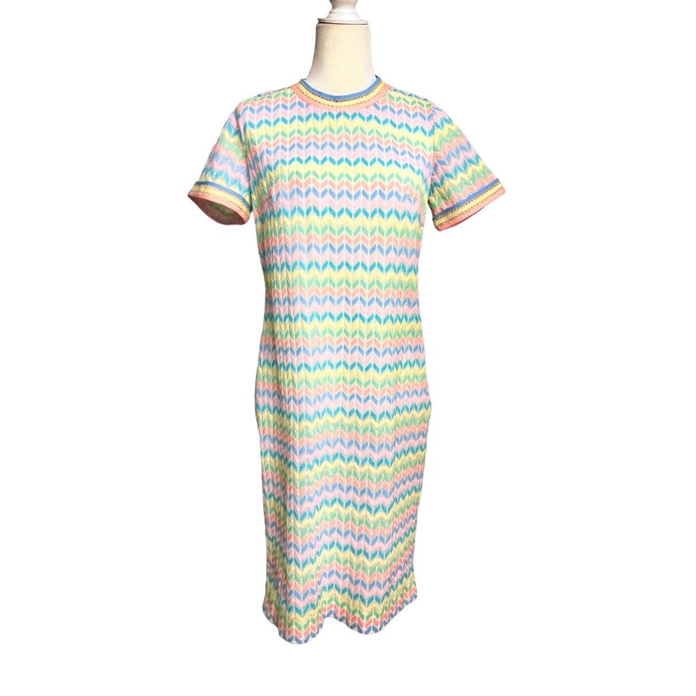 Vintage 60s Chevron Knee Length Dress Rainbow Mod Blogger Shift M L